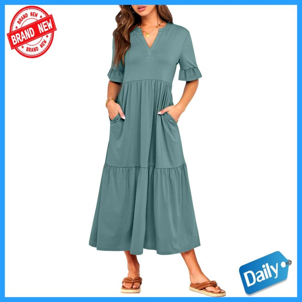 Summer Maxi Dress with Ruffle Sleeves, V-Neck, Pockets, Flowy Tiered Design